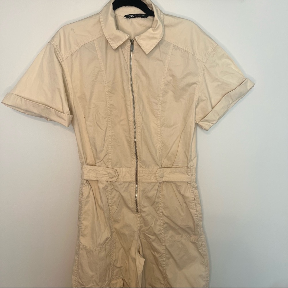 Women’s‎ Zara Cotton Zip-Up Cargo Short Sleeve Beige Jumpsuit in Size Small